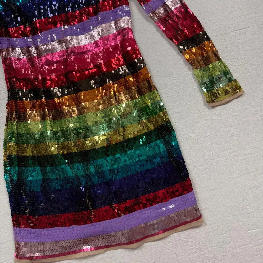 Mac Duggal Rainbow Sequin Long Sleeve Mini Dress, Size 0 - Picture 3 of 10